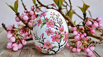 Fototapeta premium Traditional Chinese Ink-Painted Easter Egg: Delicate Cherry Blossoms and Calligraphy, Soft Watercolor Textures, Minimalist Elegance, High-Resolution Editable Vector for Posters & Merchandise