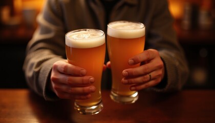 Local Craft Beer Brewery: Brewing with Passion Concept. Cheerful Toast with Two Glasses of Refreshing Beer in Bar