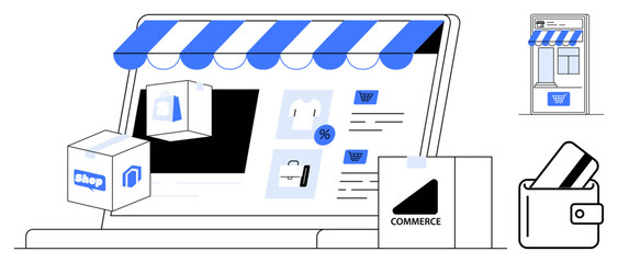 E-commerce website displayed on laptop with storefront awning, package, shopping cart, wallet, and credit cards. Ideal for online shopping, digital marketplaces, e-commerce platforms, retail