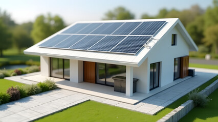 A model house facade designed to promote solar panels. The modern design and prominent display highlight the efficiency and aesthetic integration of solar energy technology.