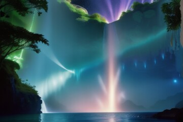A Crystal Waterfall Surrounded by Bioluminescent Foliage