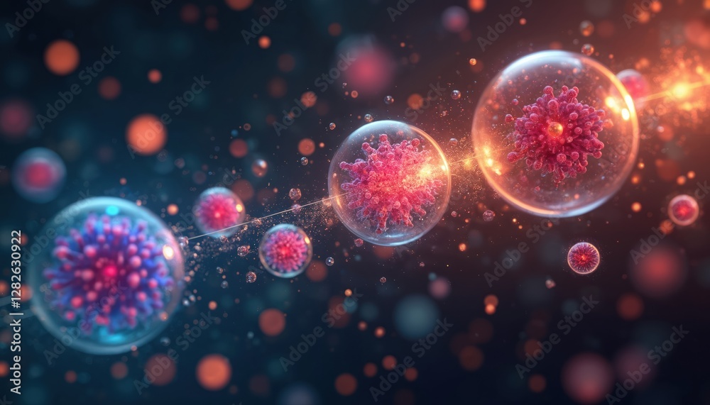 Poster Illustration shows dynamic subatomic matter motion with group of atoms, electrons. Nuclei inside transparent spheres surrounded by red dots in micro nano universe. Backdrop wallpaper for science,