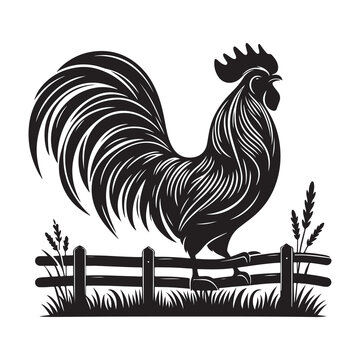 black rooster perched fence clip art preview