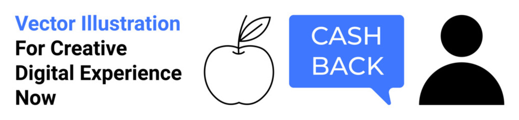 Apple outline, cash back text in speech bubble, and user profile silhouette. Ideal for loyalty programs, digital marketing, e-commerce offers, customer rewards, finance themes, cashback promotions