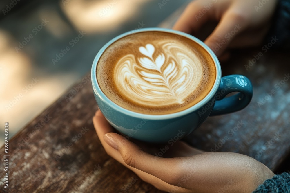 Aufkleber warm coffee cup with intricate latte art held by hands in a cozy setting during daylight. generative