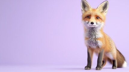 Fototapeta premium Fluffy Red Fox Kit On Light Purple Background