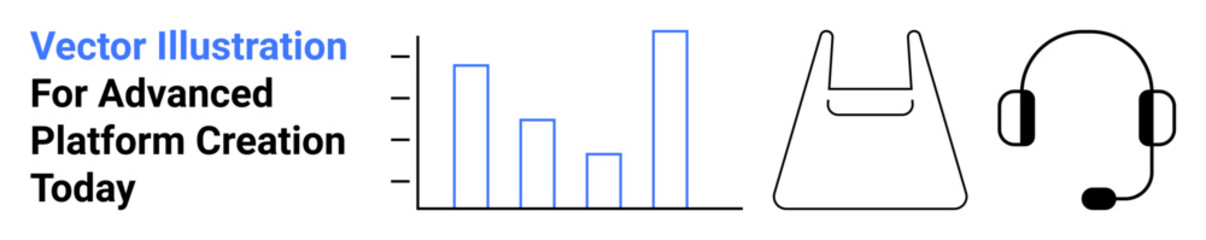 Bar chart, e-commerce shopping bag, and headset with microphone for analytics, shopping, customer service. Ideal for technology, business tools, marketing, online shopping customer engagement data