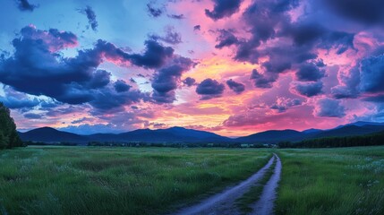 Dirt road winding through a grassy field under a clear blue sky in a rural landscape