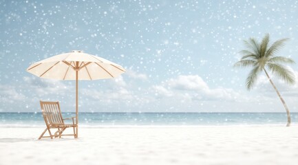 Snowy Beach Paradise  Winter Vacation  Tropical Scene  Beach Chair  Umbrella  Palm Tree