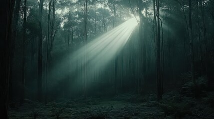 Naklejka premium Sunbeams Illuminate a Misty Forest Scene