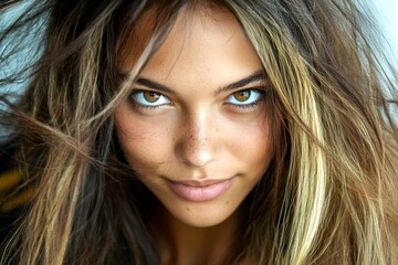 Fototapeta premium Commercial ad visual idea. Long hairdo - highlighted hair. Stunning happy mixed-race girl - for ads, ad page and digital marketing use. African american creativity. African american elegance.