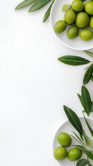 Green Olives and Fresh Leaves on White Background for Healthy Eating