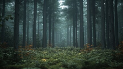 Obraz premium Dense forest landscape featuring tall trees with lush green foliage under bright blue sky