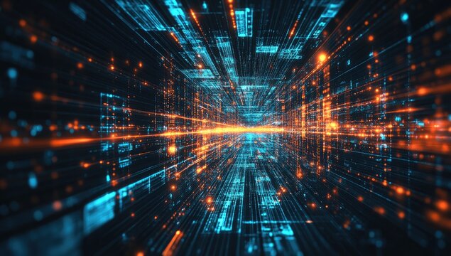 Digital data stream flowing through a futuristic tunnel