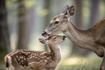 Obraz premium Nurturing deer mother and fawn in serene forest setting