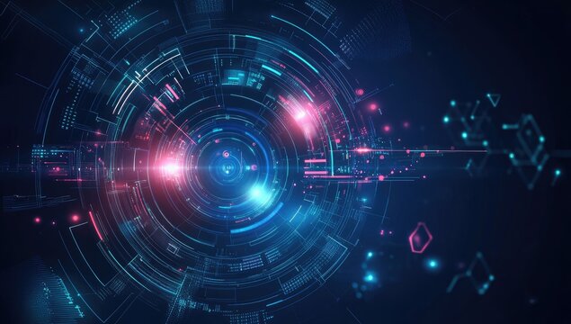 Abstract digital technology interface, glowing, futuristic, dark background, website banner