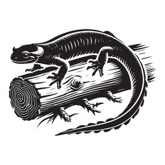 Salamander on a log Silhouette Vector Illustration, Solid White Background.