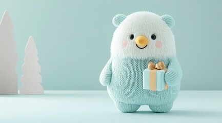 Cute Knitted Snowman Holding Gift  Winter Holiday Scene