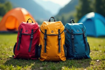 Close-up of three backpacks forming a triangle, tents visible in background , gear, zippers