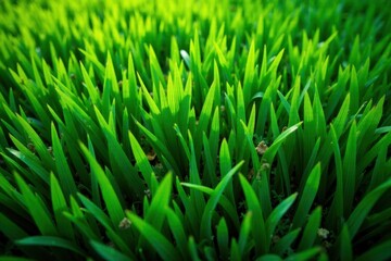 Dense emerald grass seen from above; vibrant texture, closeup, lawn