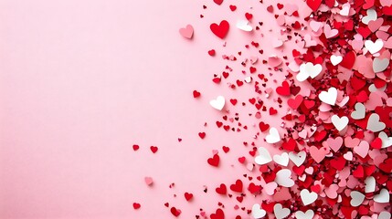 Pink background with red and white hearts scattered