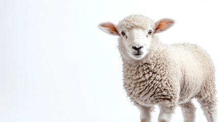 Fototapeta premium A small white sheep standing on a white surface with a clean and minimalistic background
