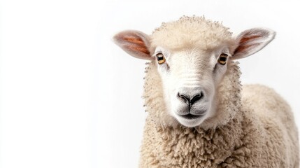 Sheep standing alone on a white background with no distractions in the environment around it