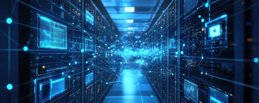 Data center network glowing, server room, digital flow
