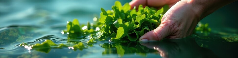 Two hands carefully lifting glossy seaweed from water , environmentally friendly, hands