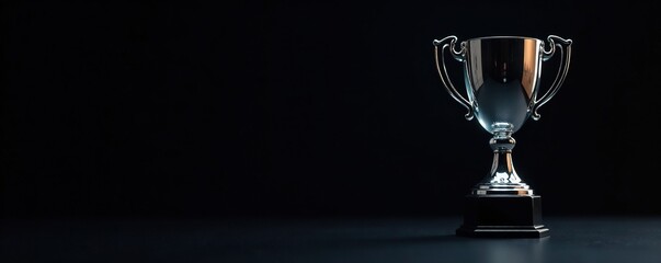 Black background with a glass trophy partially reflected in a metallic surface, metal, sleek