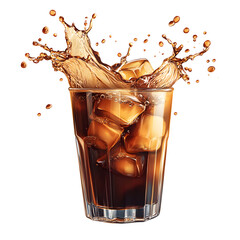 Refreshing Glass Of Soda With Ice Cubes Splashing Against White Backgrounds and Bubbles and swirls