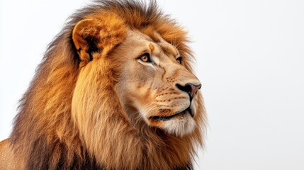 Fototapeta premium Lion portrait against a plain white background showcasing the animals features and fur texture