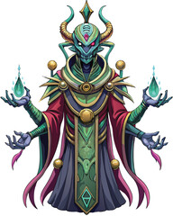 A six-armed, otherworldly priest-like alien, radiating ethereal energy, stands in a mystical landscape.  Intricate details in clothing and surroundings are crucial.