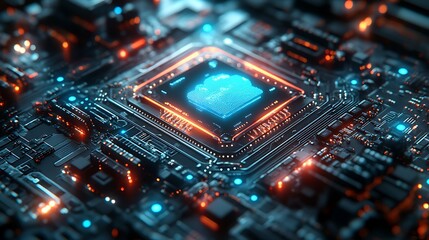 Futuristic circuit board with glowing chip high resolution hd picture