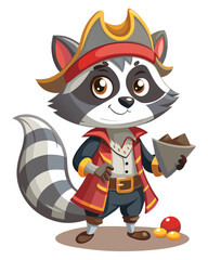 A mischievous raccoon, wearing a miniature pirate hat, playfully holds a tiny treasure chest.  Focus on detail and whimsy.