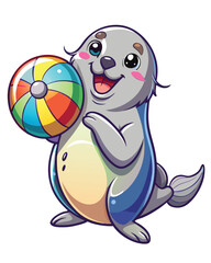 A playful harbor seal expertly balances a vibrant, multicolored beach ball on its nose, showcasing impressive dexterity.