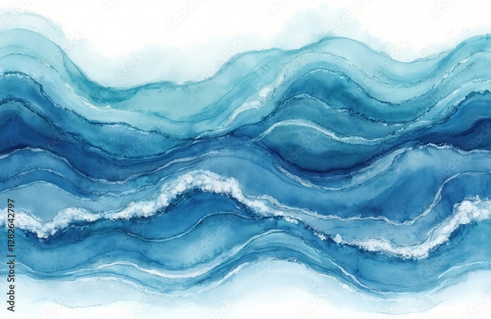 Poster abstract ocean water waves in blue, teal and white. watercolor pencil art background with wavy textu