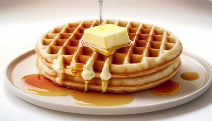 Golden-brown waffle with a crisp textured surface and overflowing honey for promotion, advertising, wallpaper, background, thumbnail.