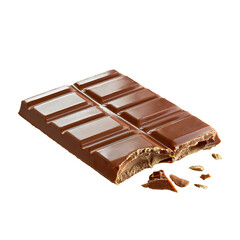 Chocolate bar with a smooth glossy surface and a single bite taken from one end on a transparent background, element design, dessert.