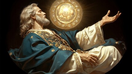 Fototapeta premium Divine Figure Radiant Light Compassionate Gesture Spiritual Art Religious Painting