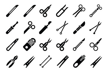 Create a high-detail icon pack featuring 15 realistic surgical instruments.  Include scalpels, forceps, clamps, and retractors.