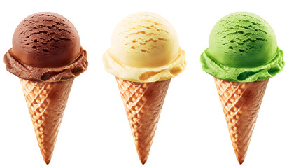 A detailed and realistic closeup of three ice cream scoops in different flavors rich choco on a transparent background, element design, dessert, menu.