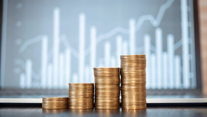 Stacked Gold Coins Reflecting on Table with Financial Stock Market Graph Background - Perfect Photo Stock Concept with Empty Space for Your Creative Needs