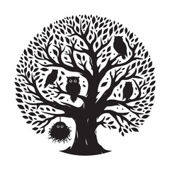 Silhouetted tree with an owl's nest Silhouette Vector Illustration, Solid White Background.