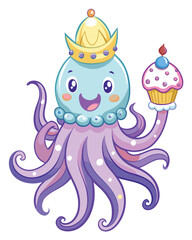 A comical octopus, wearing a miniature golden crown, precariously balances a single, perfectly ripe strawberry on its head.