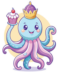 A comical octopus wearing a miniature golden crown precariously balances a small, ornate ball.  Whimsical underwater scene.