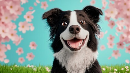 Obraz premium Happy Border Collie Amid Pink Cherry Blossoms