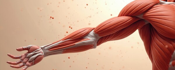 Close-up human arm muscle anatomy. Realistic medical illustration shows muscles, tendons, ligaments. Visual guide for physiology, kinesiology, sport science. Healthcare content demonstrates body