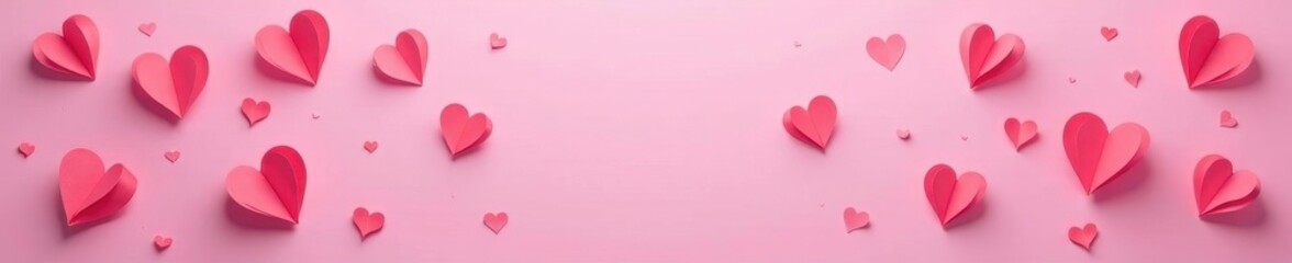 Delicate paper hearts, various sizes, scattered on pink background, shabby, pastel, paper