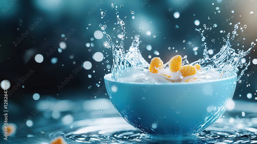 Poster futuristic holographic breakfast bowl with floating cornflakes and splashing milk creates dynamic an